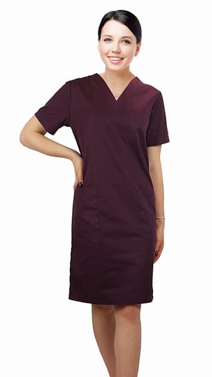 Sukienka medyczna kosmetyczna kolor śliwkowy taliowana krótki rękaw 54 M&C