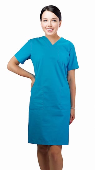 Sukienka medyczna kosmetyczna kolor turkusowy taliowana krótki rękaw 44 M&C