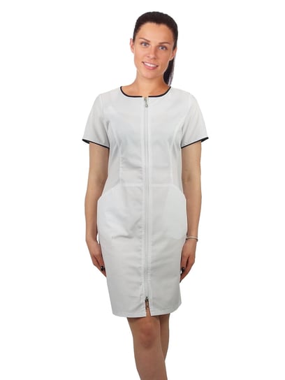 Sukienka medyczna kosmetyczna na suwak kolor biały z granatową  lamówką krótki rękaw 34 M&C