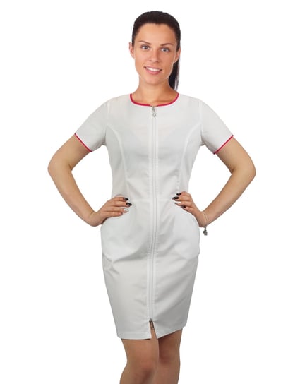 Sukienka medyczna kosmetyczna na suwak kolor biały z lamówką amarant krótki rękaw 36 M&C