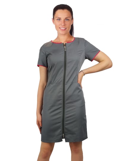 Sukienka medyczna kosmetyczna na suwak kolor szary z  lamówką amarant krótki rękaw 40 M&C