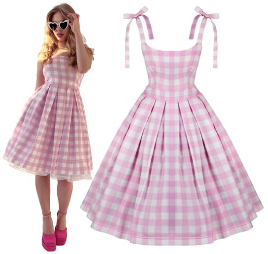 Sukienka pin up BARBIE w kratkę rozkloszowana z koła retro różowa plisowana Wonderlandia