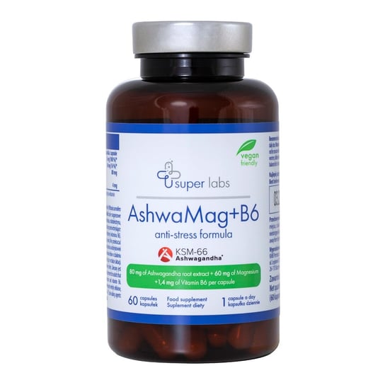 Super Labs, AshwaMag+B6 anti-stress formula, suplement diety, 60 kapsułek Super Labs