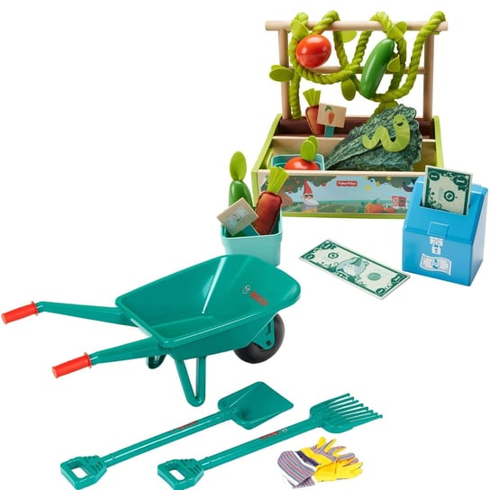 Supermarket stragan farma z warzywami i zestaw ogrodowy z taczką Fisher Price