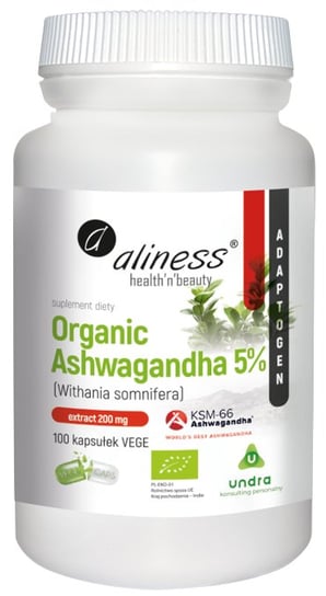 Suplement diety, Aliness, Organic Ashwagandha 5% KSM-66 200 mg, 100 wege kaps. Inna marka