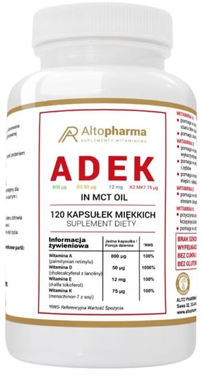 Suplement diety, AltoPharma, ADEK Forte A,D3,E,K2 MK-7 in MCT, 120 kapsułek miękkich Inna marka