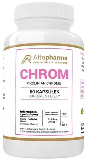 Suplement diety, Altopharma, Chrom Pikolinian, Chromu 200µg + Prebiotyk, 60 Kaps. ALTO PHARMA