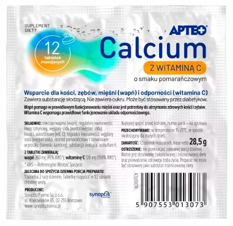 Suplement diety, Apteo, Calcium Z Witaminą C Wapń, 12 Tab. Mus. APTEO