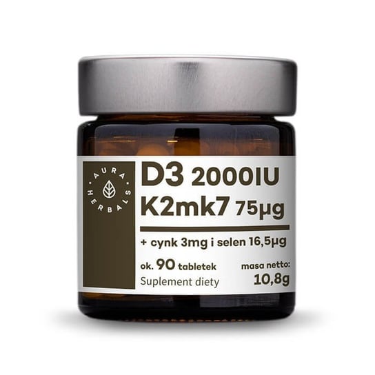 Suplement diety, Aura Herbals, witamina D3 (2000IU) + K2mk7 (75mcg) + Cynk + Selen - tabletki 10,8g (90 tabl.) Aura Herbals