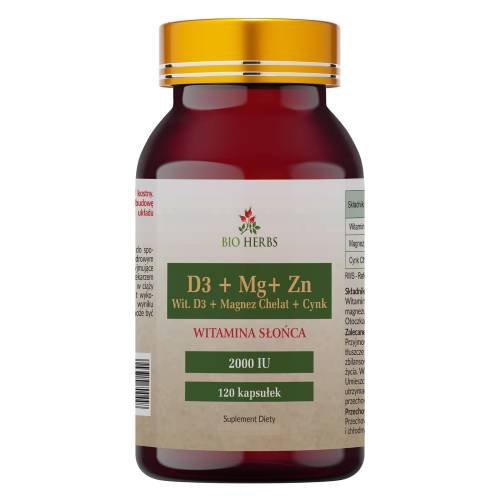 Suplement diety, Bio Herbs, D3 + Mg + Zn Witamina D3 + Magnez + Cynk, 120 Kaps. Bio Herbs