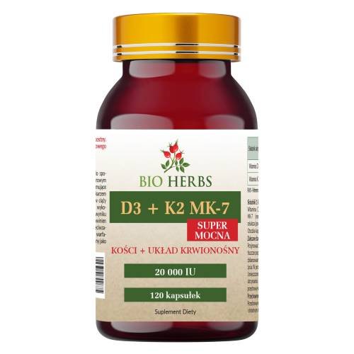 Suplement diety, Bio Herbs, Witamina D3 + K2 Mk-7 Super Mocna 20000iu W Kapsułce, 120 Kaps. Bio Herbs