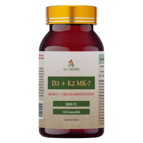 Suplement diety, Bio Herbs, Witamina D3 + K2 Mk-7, Zdrowe Kości, 120 Kaps. Bio Herbs