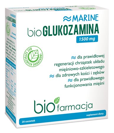 Suplement diety, BioGLUKOZAMINA Marine - Naturalna Glukozamina z wapniem, witaminą C i D3, 20 saszetek Biofarmacja