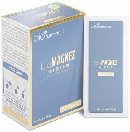 Suplement diety, bioMAGNEZ Premium B6+B12+Zn - Naturalny Magnez z witaminami B6 i B12 oraz Cynkiem, 20 saszetek Biofarmacja