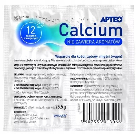 Suplement diety, Calcium Apteo Wapno Alergia, 12 Tabletek Musujących APTEO