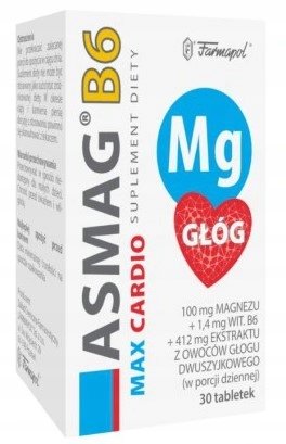 Suplement diety, Farmapol, ASMAG B6 MAX CARDIO magnez z głogiem, 30 tabl. FARMAPOL