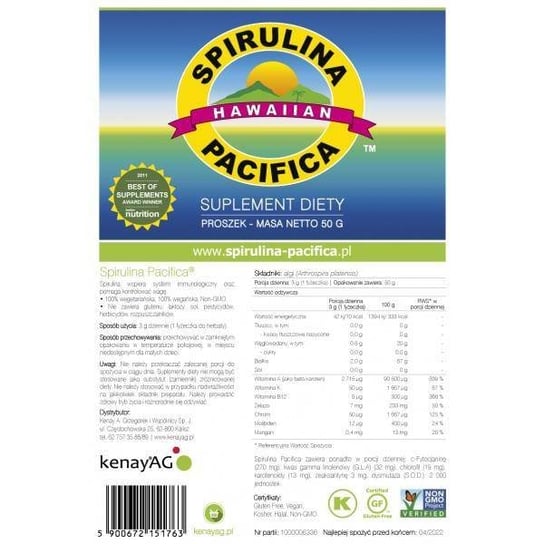 Suplement diety, Hawajska Spirulina Pacifica (50 g) Cyanotech Co