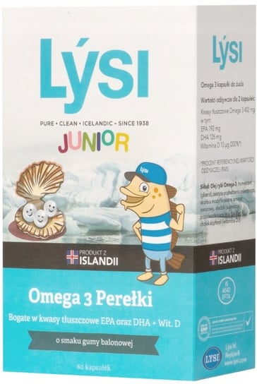 Suplement diety, LYSI Junior Omega 3, Perełki o smaku gumy balonowej, 60 kaps. Inna marka