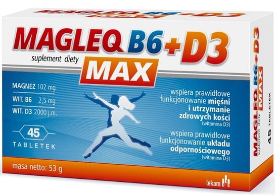 Suplement diety, Magleq, B6 MAX + D3 magnez + witamina D3, 45 tab. LEKAM