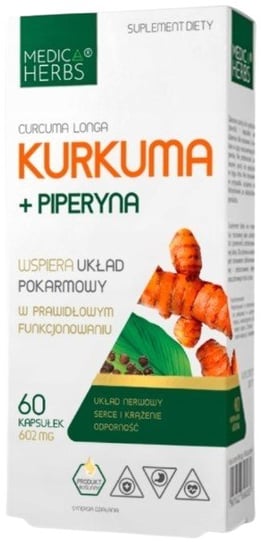 Suplement diety, Medica Herbs, Kurkuma + piperyna, 600 mg 2,1mg, 60 kaps. Inna marka