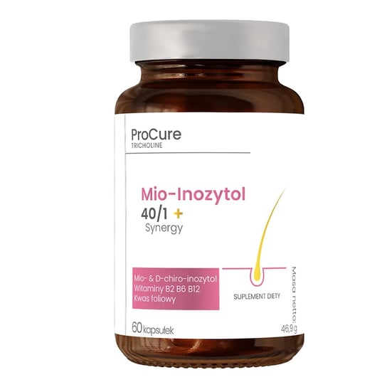 Suplement diety, Mio-Inozytol 40/1 + Cu Synergy D-chiro-inozytol Kwas foliowy Witamina B2 B6 B12, 60 kaps. ProCure Tricholine