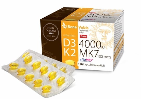 Suplement diety, Młyn Oliwski, Witamina D3 Forte 4000IU+ K2 MK7 (vitaMK7®), Bene Vobis, 120 kaps. Młyn Oliwski
