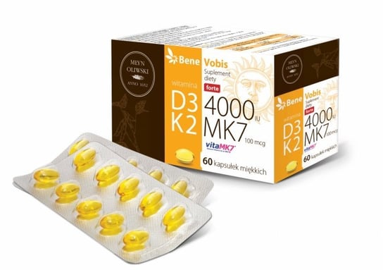 Suplement diety, Młyn Oliwski, Witamina D3 Forte 4000IU + K2 MK7 (vitaMK7®), Bene Vobis, 60 kaps. Młyn Oliwski