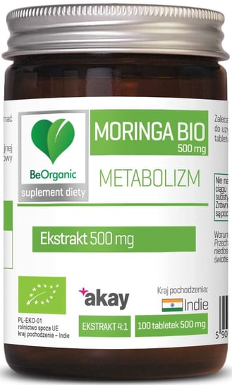 Suplement diety, Moringa ekstrakt BIO, 500mg BeOrganic 100 tabletek BeOrganic