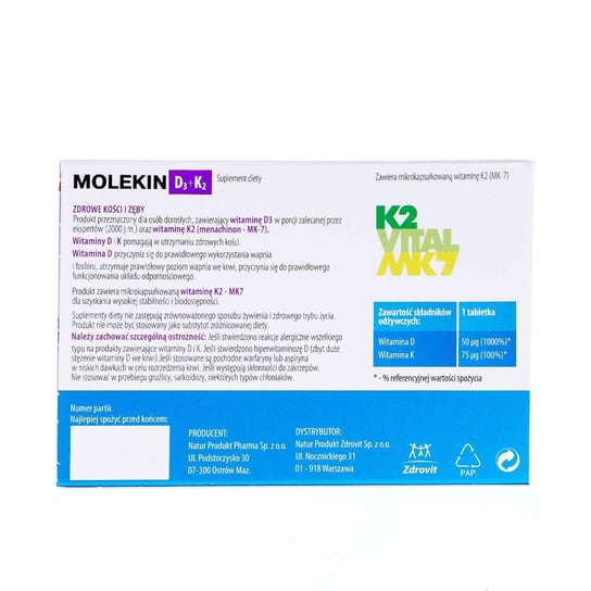 Suplement diety, Natur Produkt, Molekin D3+K2, 30 tabletek Natur Produkt