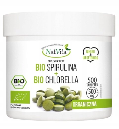 Suplement diety, NatVita, Bio Spirulina+Bio Chlorella 500mg, 500 tabl. NatVita