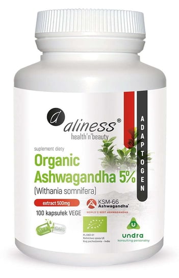Suplement diety, Organic Ashwagandha 5% KSM-66 500 mg Aliness 100 vege kaps. Aliness