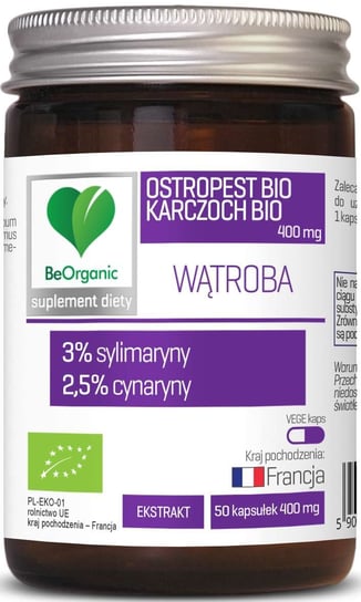 Suplement diety, Ostropest BIO 3% + Karczoch BIO 2,5%, 400mg BeOrganic 50 kaps BeOrganic
