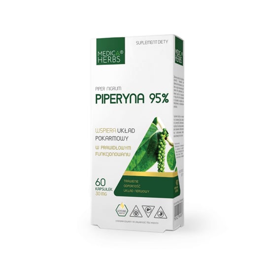 Suplement diety, Piperyna forte 95% (Piper nigrum) 60 kapsułek Medica Herbs UKŁAD POKARMOWY Medica Herbs