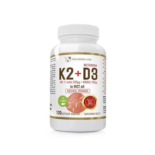 Suplement diety, Progress Labs Vitamin K2Mk-7 200Mcg+D3 4000Iu In Mct 120Caps. Progress Labs