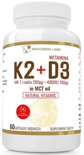 Suplement diety, Progress Labs, Witamina K2 200uq + D3 4000 W Oleju Mct 60 Kaps. Progress Labs