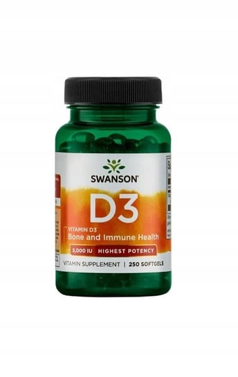 Suplement diety, Swanson, Vitamin D3 5000, Odporność Zdrowie Kości Zęby Krzywica, 250 Kaps. Swanson