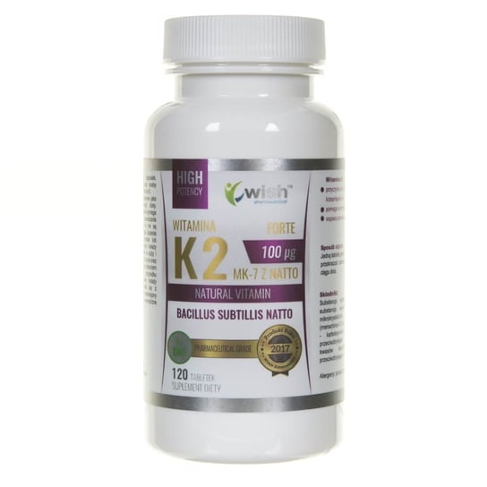 Suplement diety, Wish Pharmaceutical, Witamina K2 MK-7 z Natto 100 mcg, 120 tabletek Wish Pharmaceutical