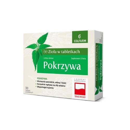 Suplement diety, Zioła w tabletkach, Pokrzywa - wyciąg z ziela pokrzywy, 30 tabletek powlekanych Colfarm