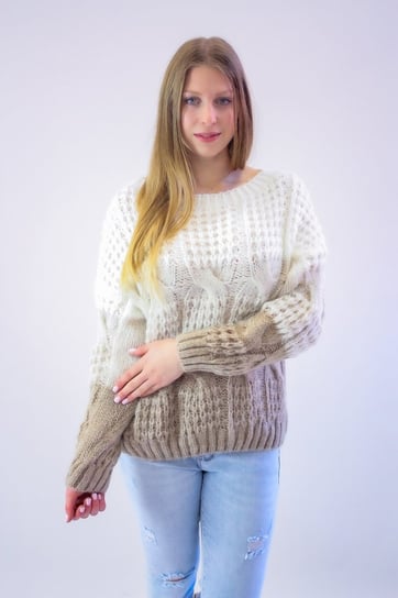 Sweter z Bufiastymi Rękawami w Warkocze Kremowo-Beżowo-Biały UNI Nelino