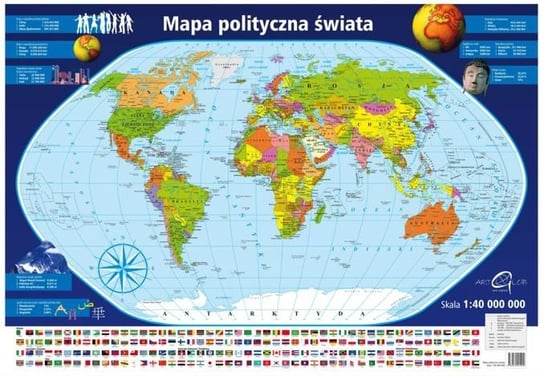 Świat mapa ścienna polityczna na podkładzie do wpinania - pinboard, 1:40 000 000, ArtGlob Artglob