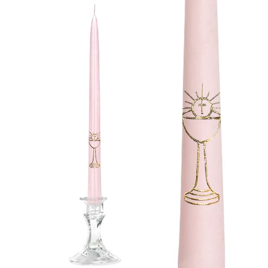 Świeca komunijna stożkowa różowa świeczka stołowa Kielich Hostia IHS Inna marka