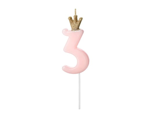 Świeczka urodzinowa Cyferka 3,  jasny różowy, 9.5cm PartyDeco