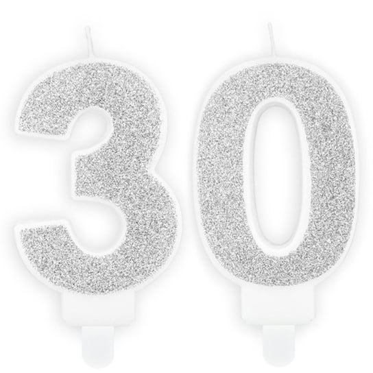 Świeczki Urodzinowe Cyfra 30 Brokatowe Srebrne Na Tort Ozdoba Dekoracja ABC