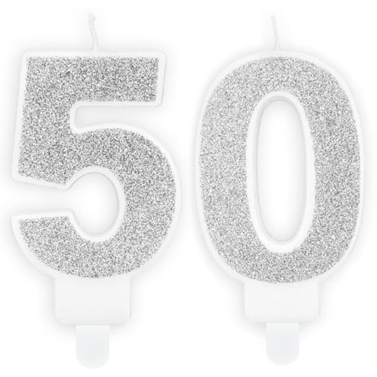 Świeczki Urodzinowe Cyfra 50 Brokatowe Srebrne Na Tort Ozdoba Dekoracja ABC