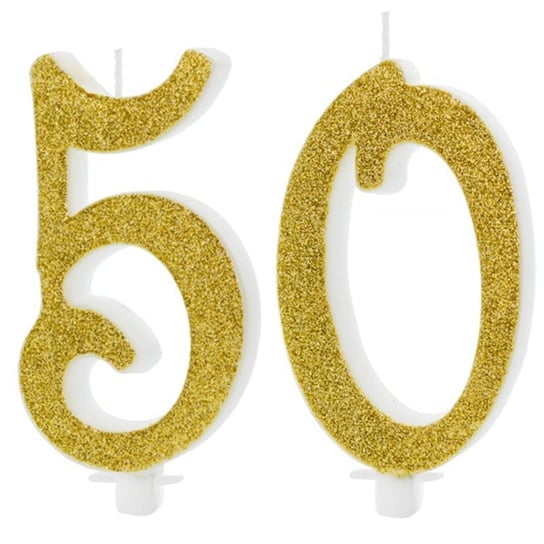 Świeczki Urodzinowe Cyfra 50 Brokatowe Złote Duże Na Tort Ozdoba Dekoracja ABC