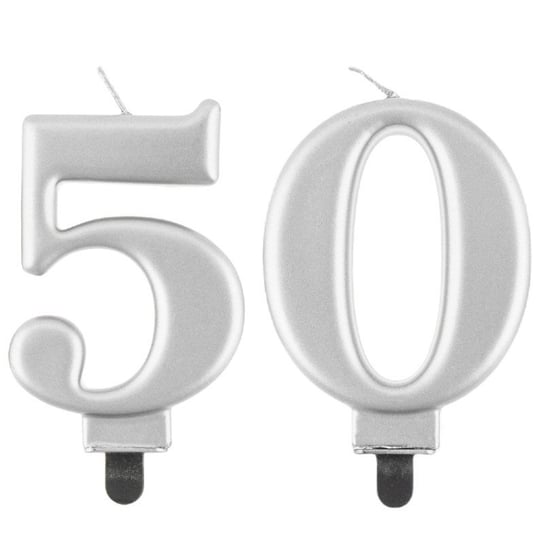 Świeczki Urodzinowe Cyfra 50 Metaliczne Srebrne Na Tort Ozdoba Dekoracja ABC