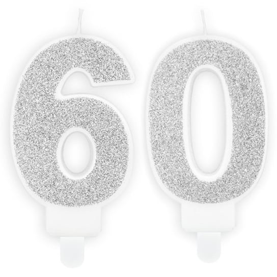 Świeczki Urodzinowe Cyfra 60 Brokatowe Srebrne Na Tort Ozdoba Dekoracja ABC