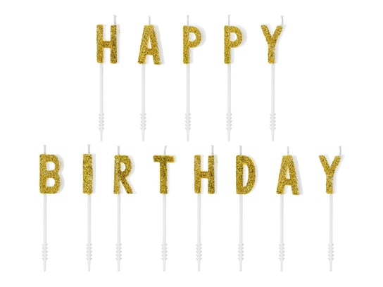 Świeczki urodzinowe, Happy Birthday, złote, 2,5 cm, 13 sztuk PartyDeco