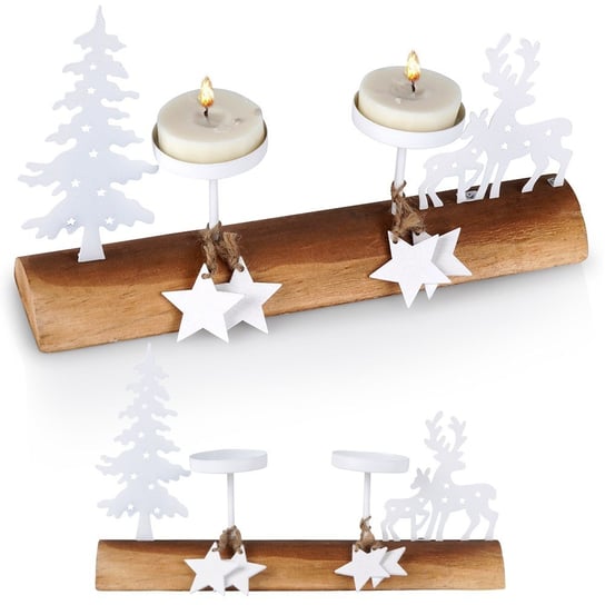 Świecznik drewniany biały na 2 świeczki tealight świąteczny 27,5x6x17 cm Home Styling Collection