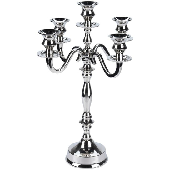 Świecznik, KANDELABR 5-ramienny, srebrny, wysoki połysk, stojak, podstawka GLAMOUR na świecę świeczkę Vilde